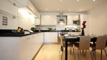 Fridge, microwave, oven, electric kettle