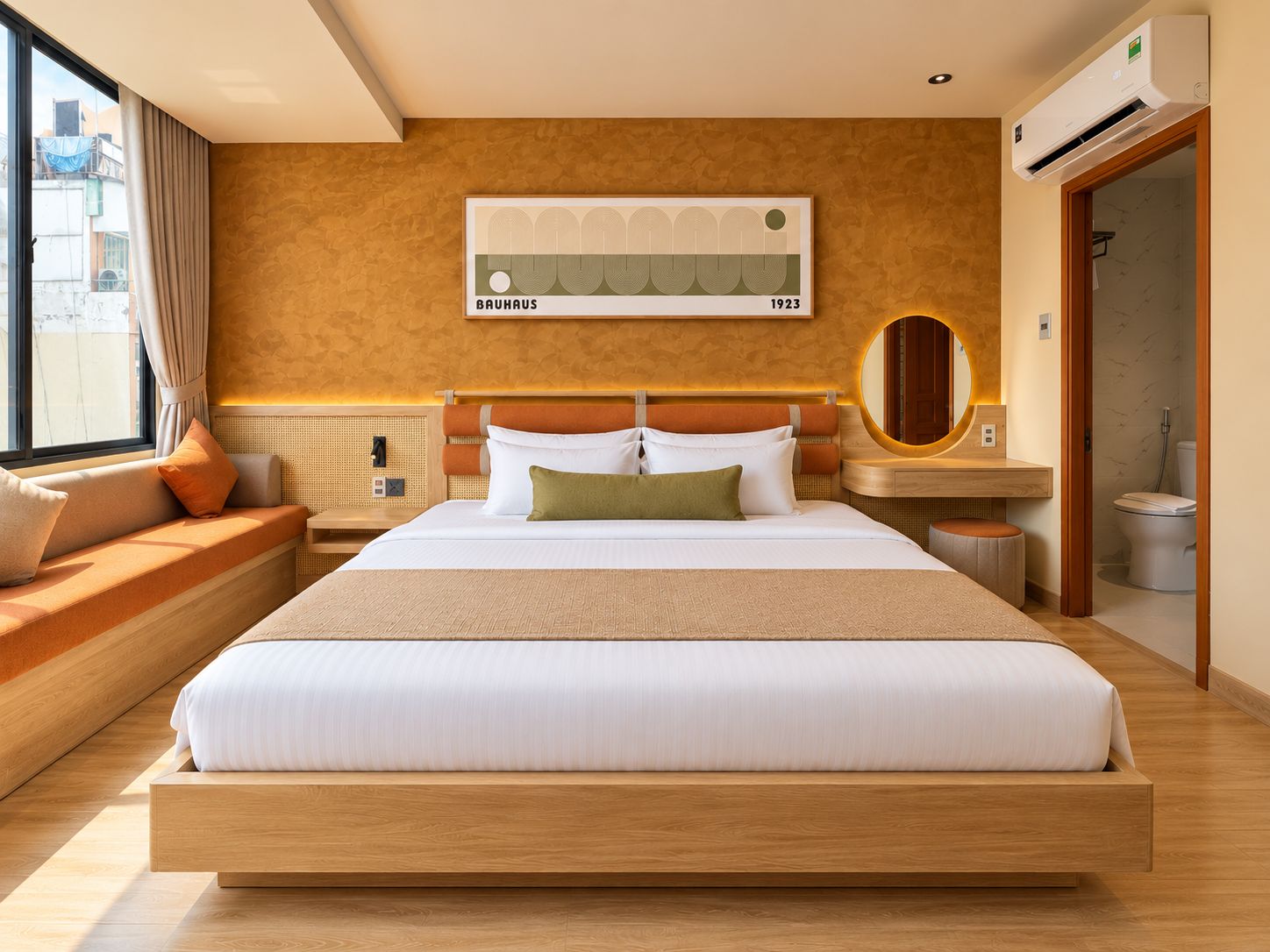 Ein modernes Hotelzimmer mit einem großen Bett, einer Fensterbank, einem runden Spiegel und Blick auf die Stadt.