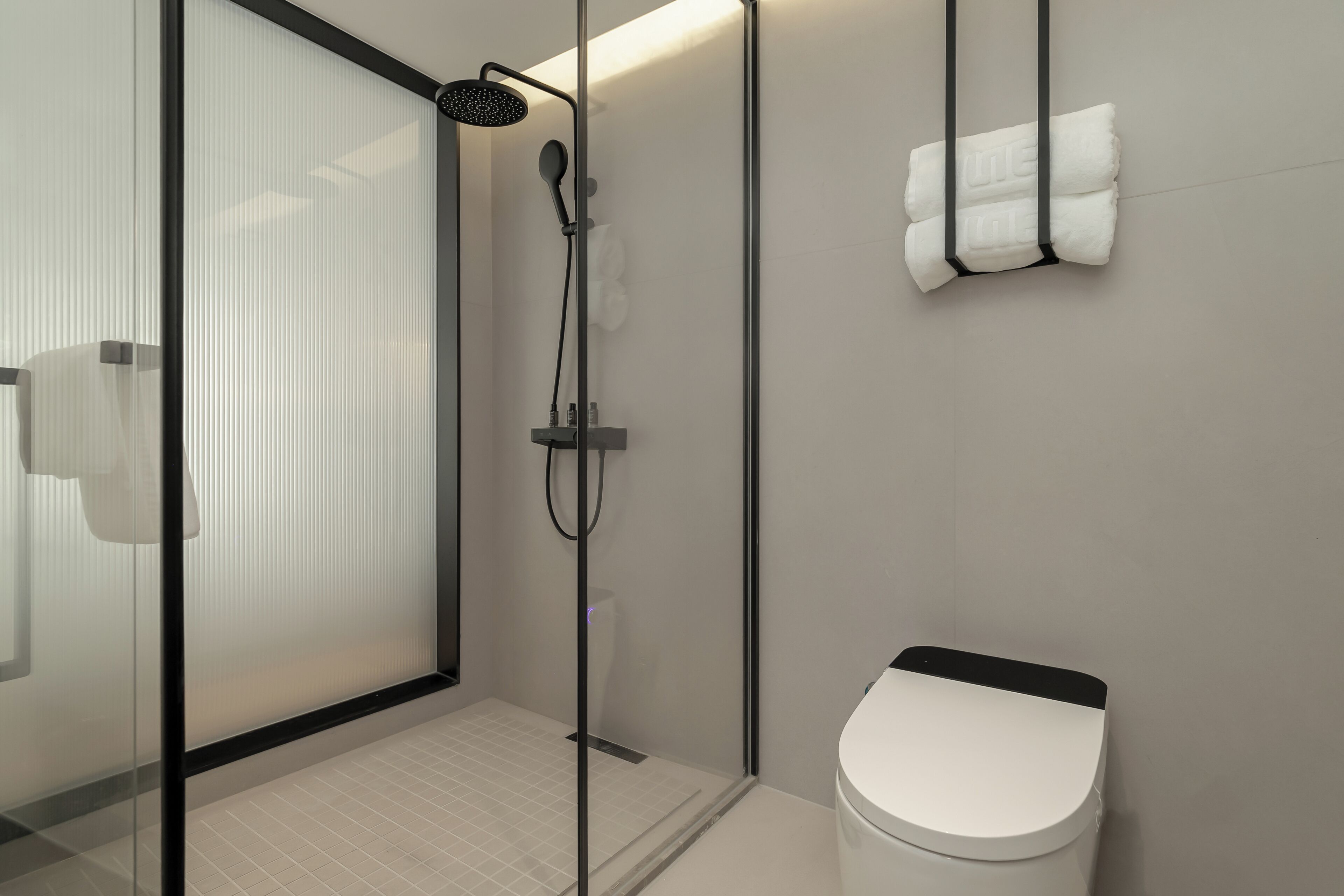 A modern bathroom with a glass-enclosed shower, a toilet, and a towel rack.