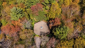 Un edificio octogonal con una ventana pequeña, rodeado de un bosque denso con follaje otoñal.
