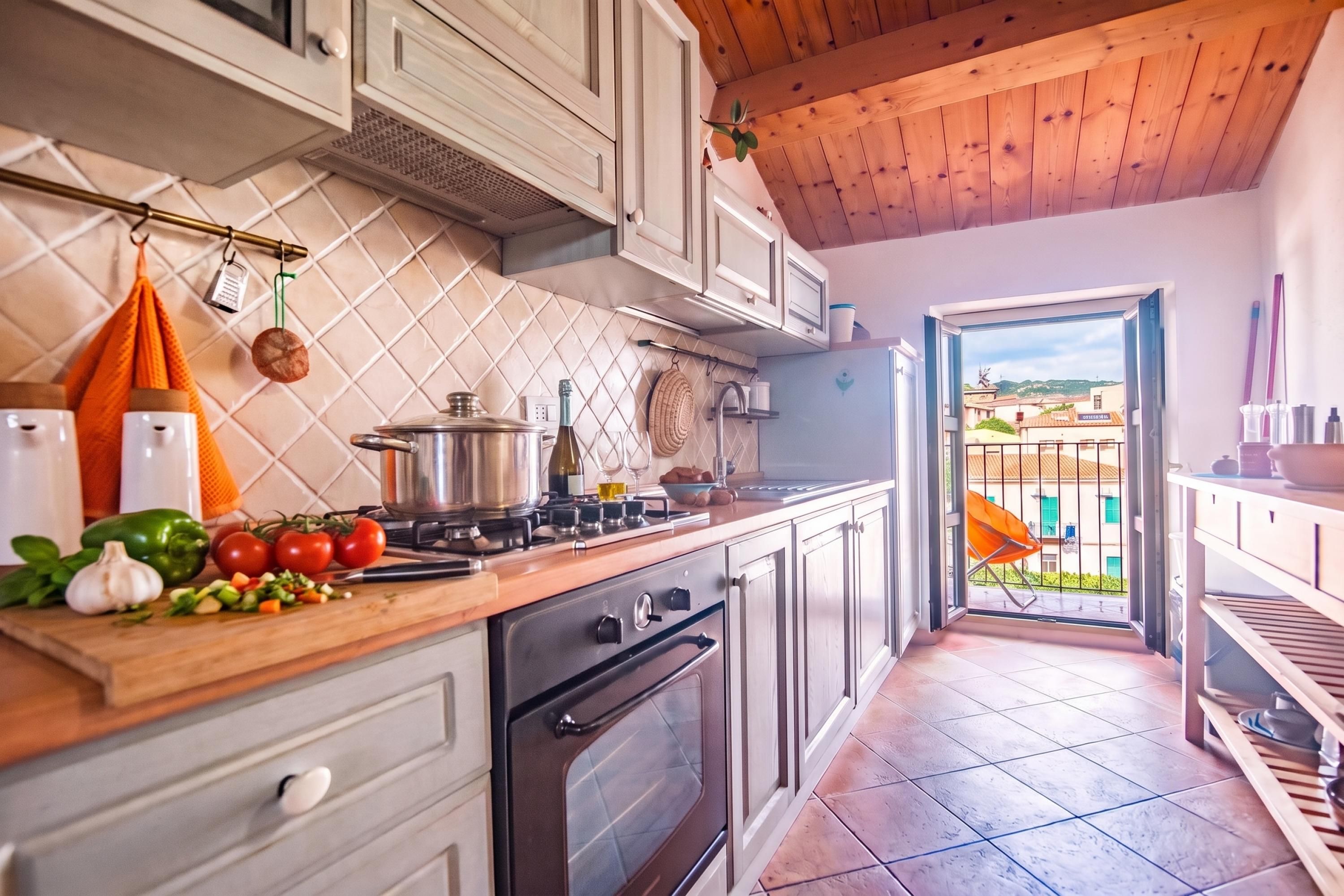 A kitchen with a stove, oven, and various cooking utensils. There is a window with a view of buildings outside.