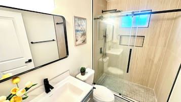 Shower, hair dryer, soap, toilet paper