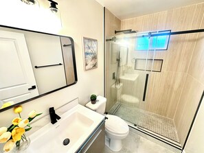 Shower, hair dryer, soap, toilet paper