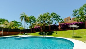 A clear blue swimming pool with a curved edge, surrounded by a well-maintained lawn and palm trees.