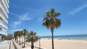 A beachfront promenade with palm trees, a beach, and a hotel building. - Sea Views Rota 24397 (Rota)