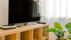 Ein Flachbildfernseher auf einem Holz-TV-Möbelstück, daneben eine Pflanze.