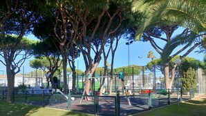 A playground with swings and climbing structures, surrounded by trees and a fence. - La Almadraba A7 147 in Chiclana (Chiclana de la Frontera)