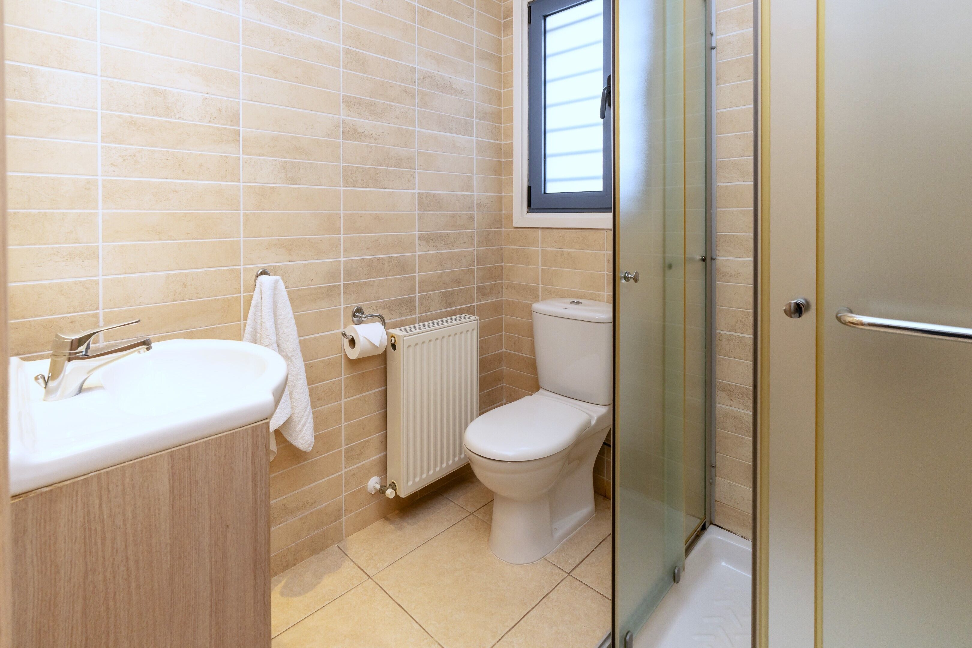 Een badkamer met een wastafel, toilet en een douchecabine.