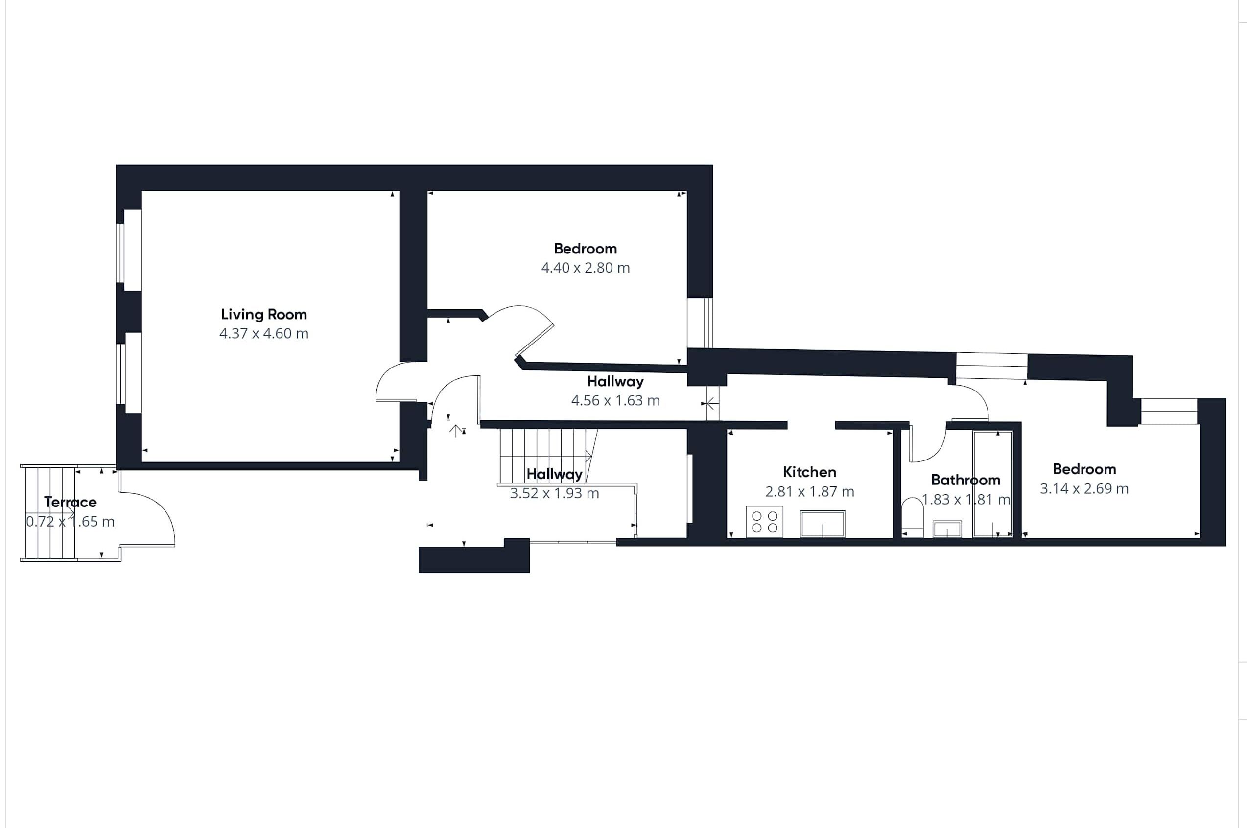 Planta baixa mostrando uma sala de estar, dois quartos, cozinha, banheiro e terraço.