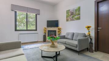 En stue med en grå sofa, et rundt sofabord med en blomstervase, en pejs og et fjernsyn på væggen.