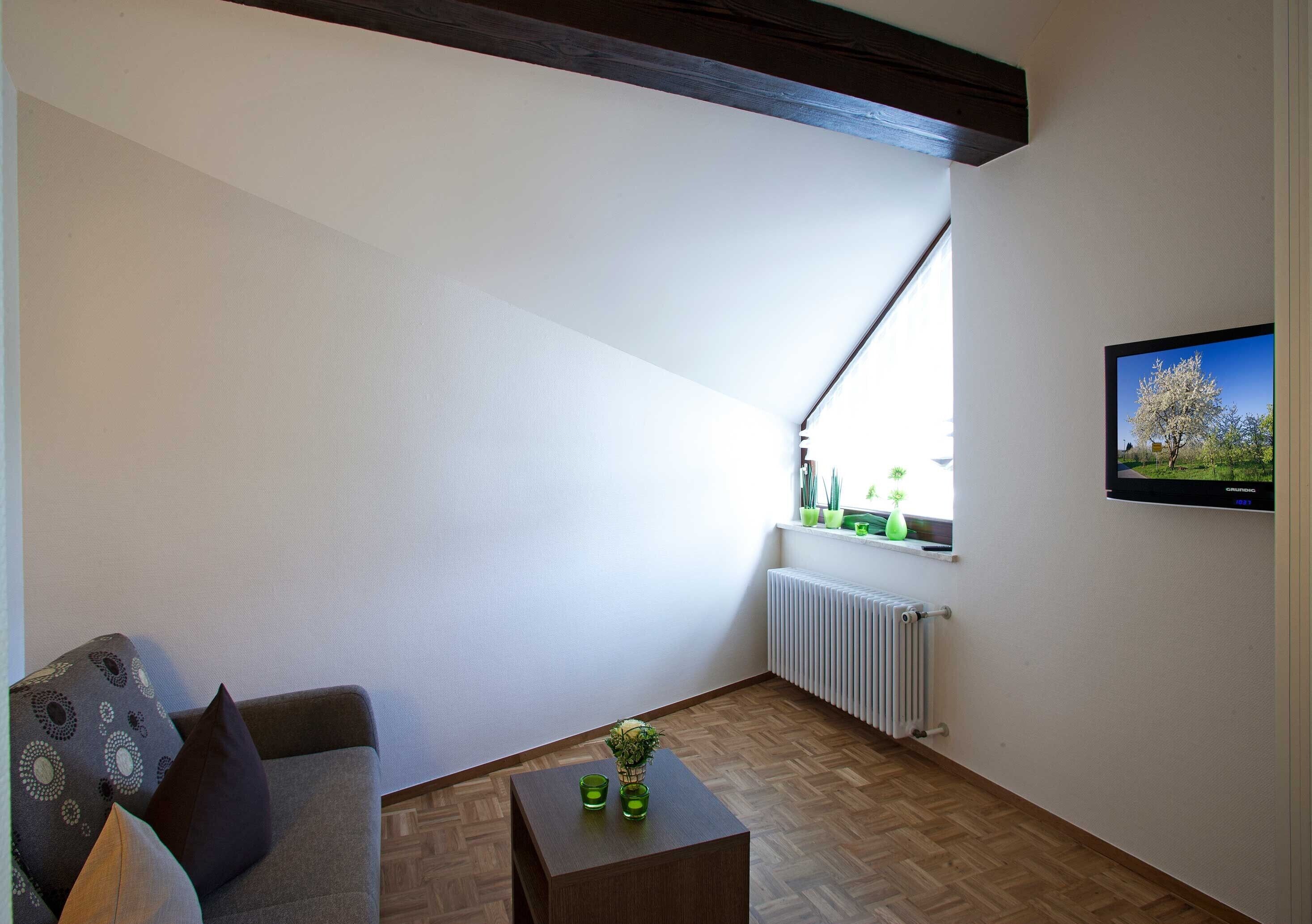 Ein Wohnzimmer mit einer Couch, einem Couchtisch, einem Fernseher und einem Fenster mit Blick auf Grünfläche.