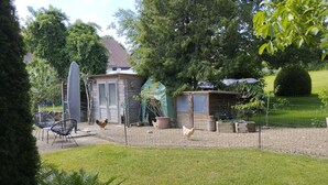A fenced yard with a small wooden structure, a chicken coop, and a garden area with ferns.