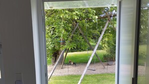 A view through an open door to a grassy outdoor area with a swing set and a tree.
