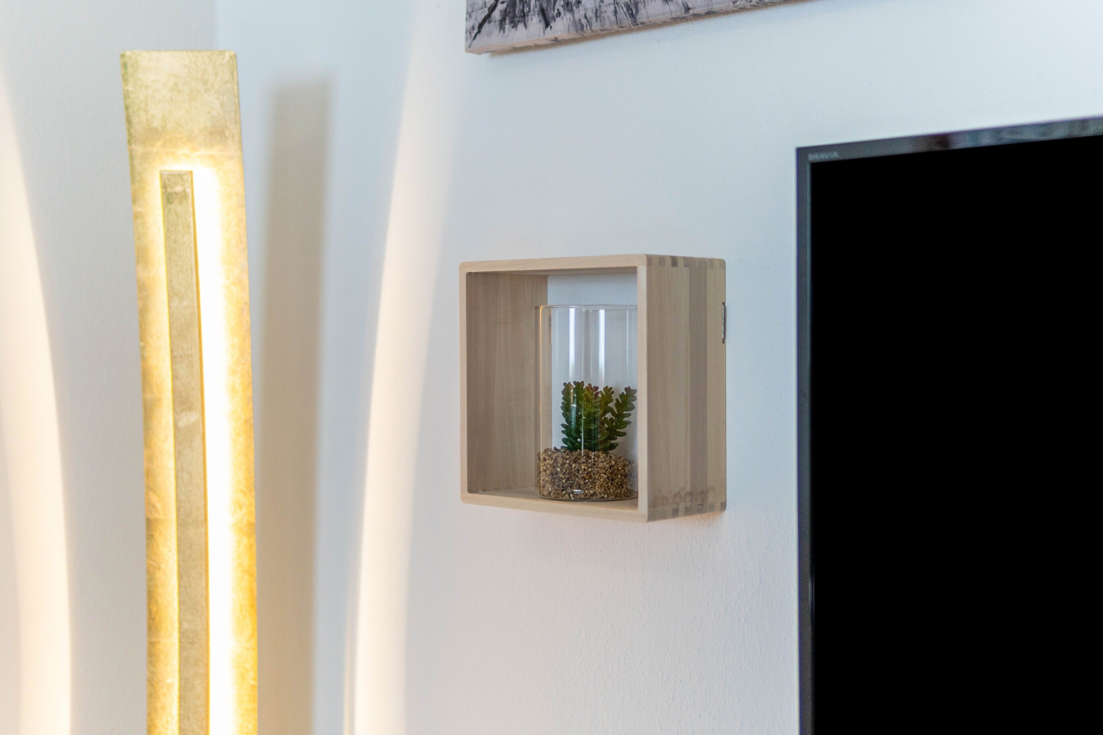 En väggmonterad träplanterare med en kaktus, en hög, vertikal lampa och en platt-TV.