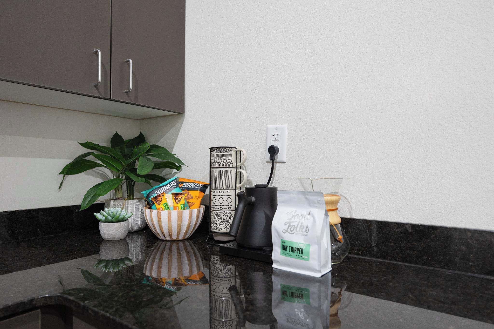 A kitchen counter with a coffee maker, a mug, a bag of coffee, and a potted plant.