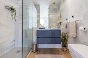 Shower, hair dryer, towels