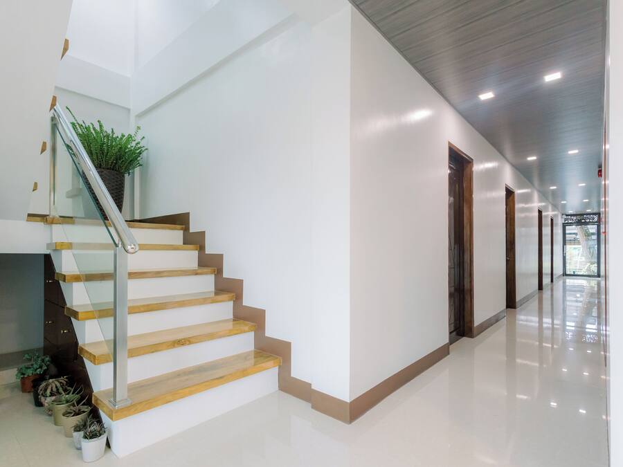 A modern interior with a staircase, a plant, and a hallway leading to a door.