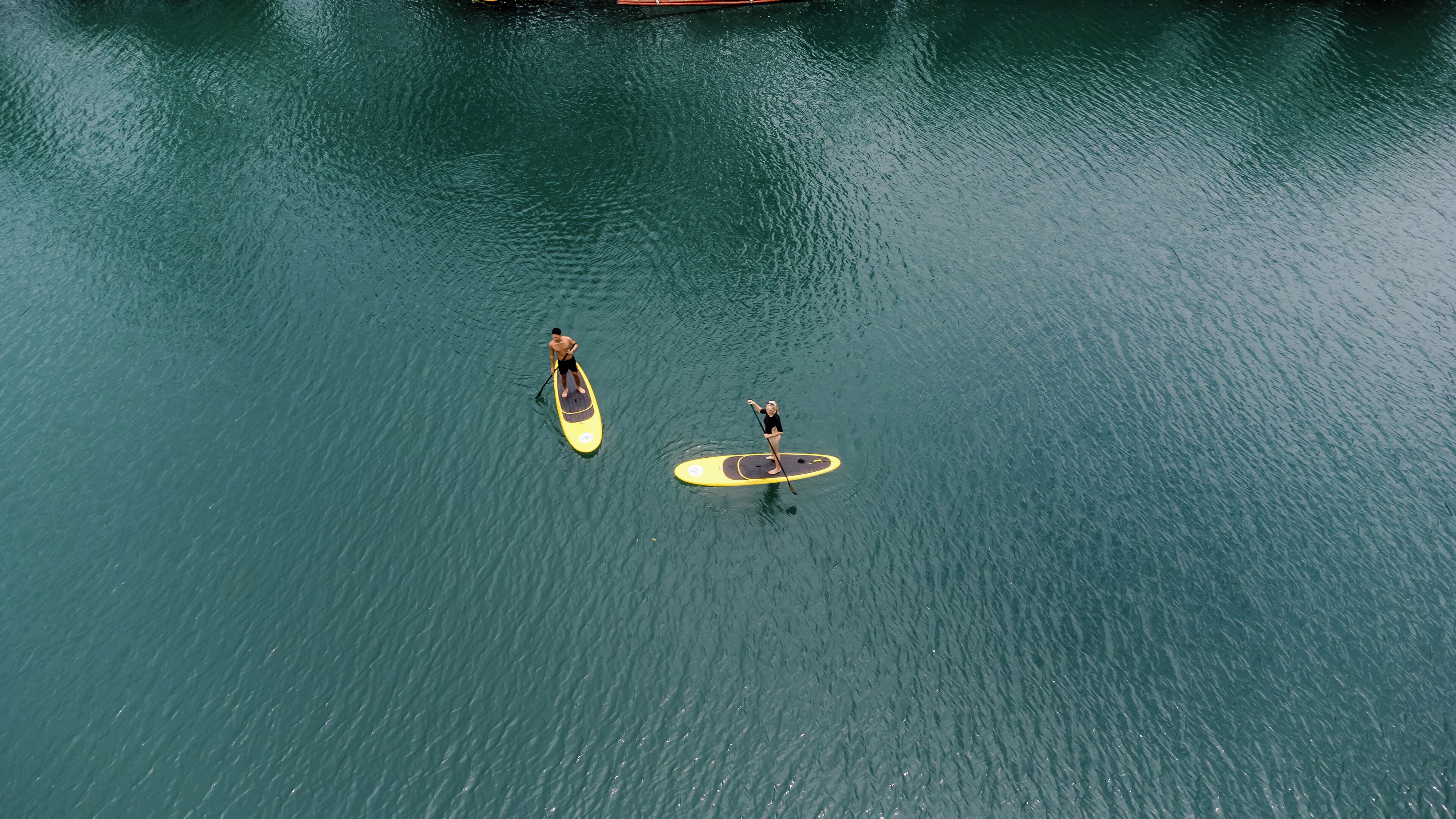 Two paddleboards on calm water.