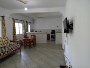 Fridge, microwave, cookware/dishes/utensils