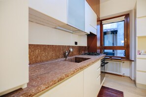 Fridge, microwave, oven, stovetop