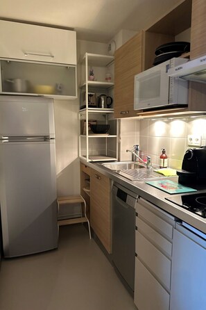 Kühlschrank, Mikrowelle, Geschirrspüler, Kochgeschirr/Geschirr/Besteck