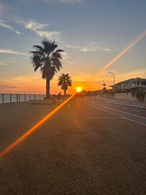Tramonto sulla costa, da una strada lussureggiante di palme e con edifici moderni.