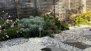 A garden with a variety of plants, a wooden fence, and a gravel path. - The Old Dairy with Parking - Dog Friendly (Ramsgate)