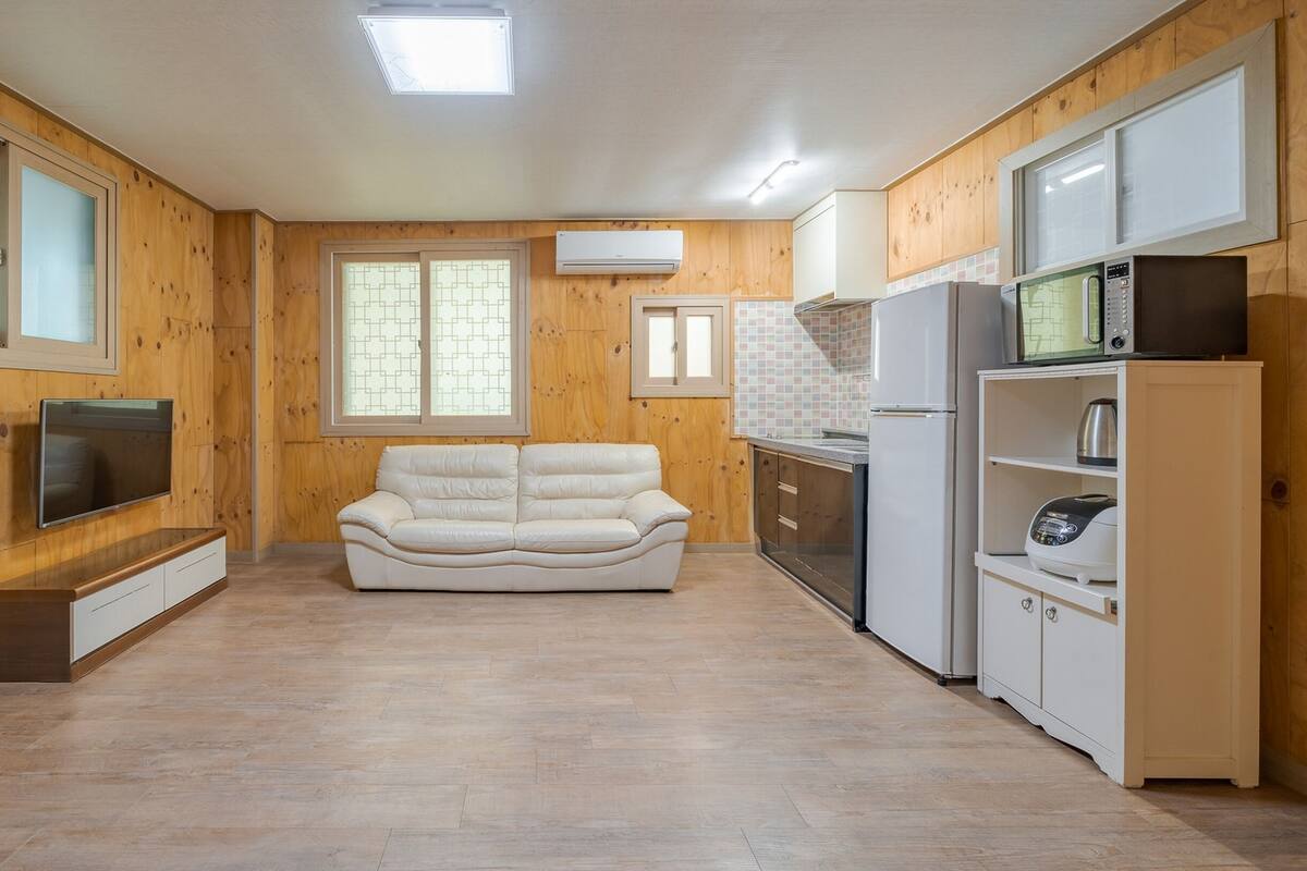 A compact living space with a sofa, kitchenette, and a TV.