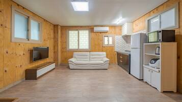 A compact living space with a sofa, kitchenette, and a TV.