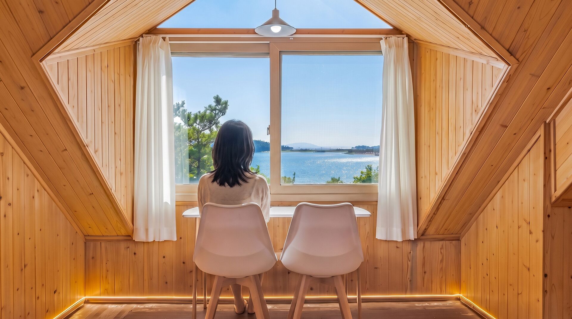 A room with a large window, two chairs, wooden walls, and a view of a body of water.