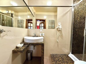 Chambre de base double | Salle de bain | Douche, séchoir à cheveux, serviettes fournies, savon