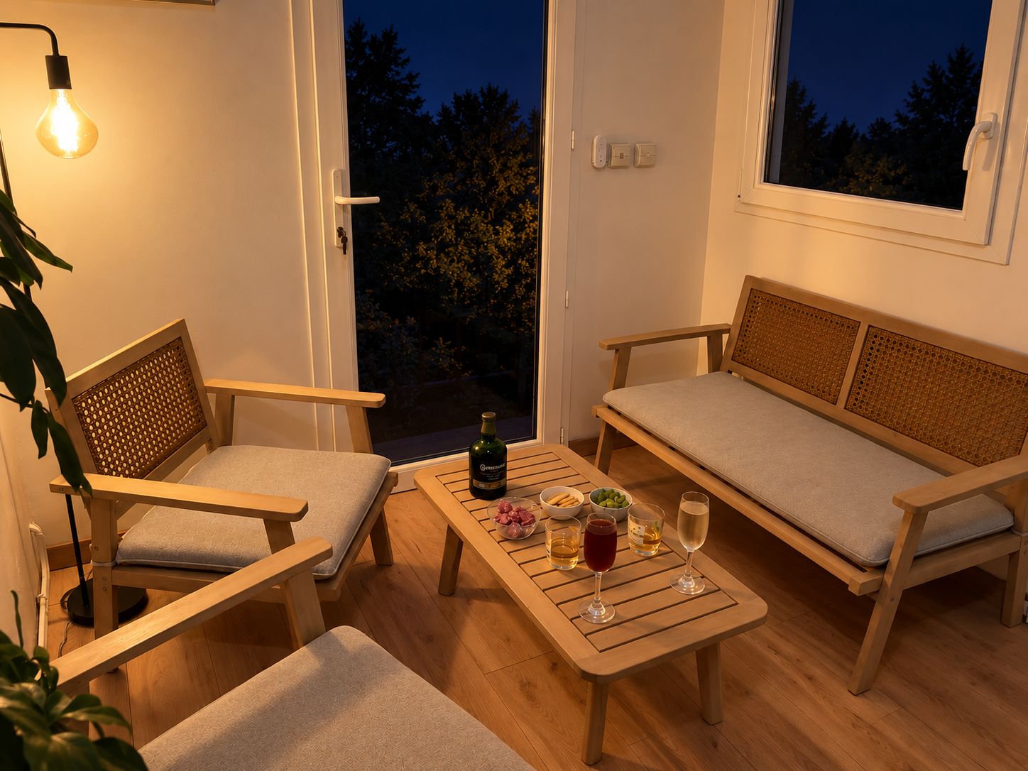 A cozy outdoor seating area with a table, chairs, and a bottle of wine.