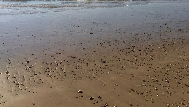 Een strand met een heldere lucht en een kalme zee.