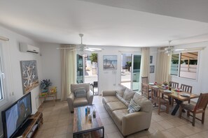 Télévision, cheminée, lecteur de DVD, vidéothèque