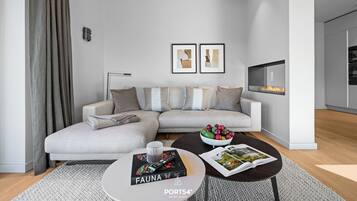 Televisión, chimenea y estéreo