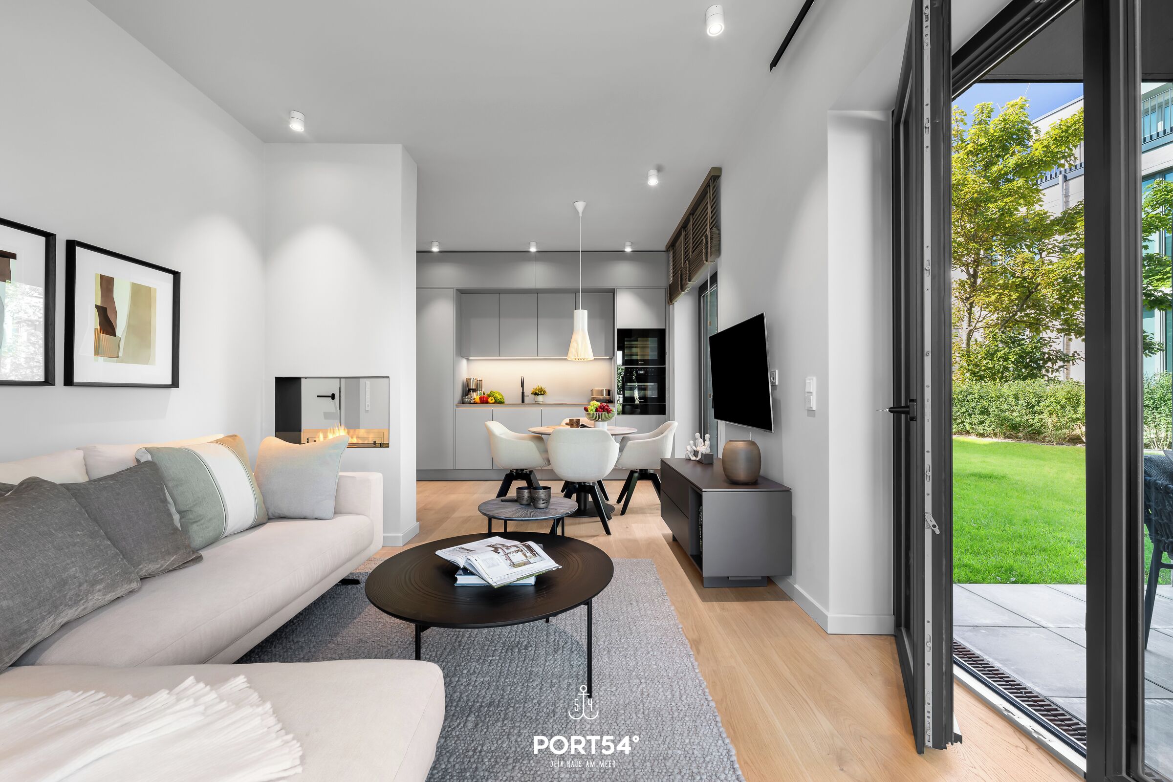 Télévision, cheminée, chaîne hi-fi