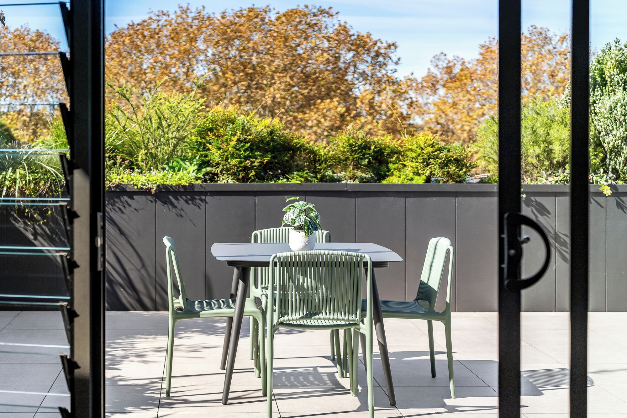 Un patio con una mesa y sillas, una planta en maceta y vistas a árboles y follaje.