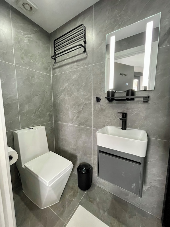 Hair dryer, towels, soap, shampoo