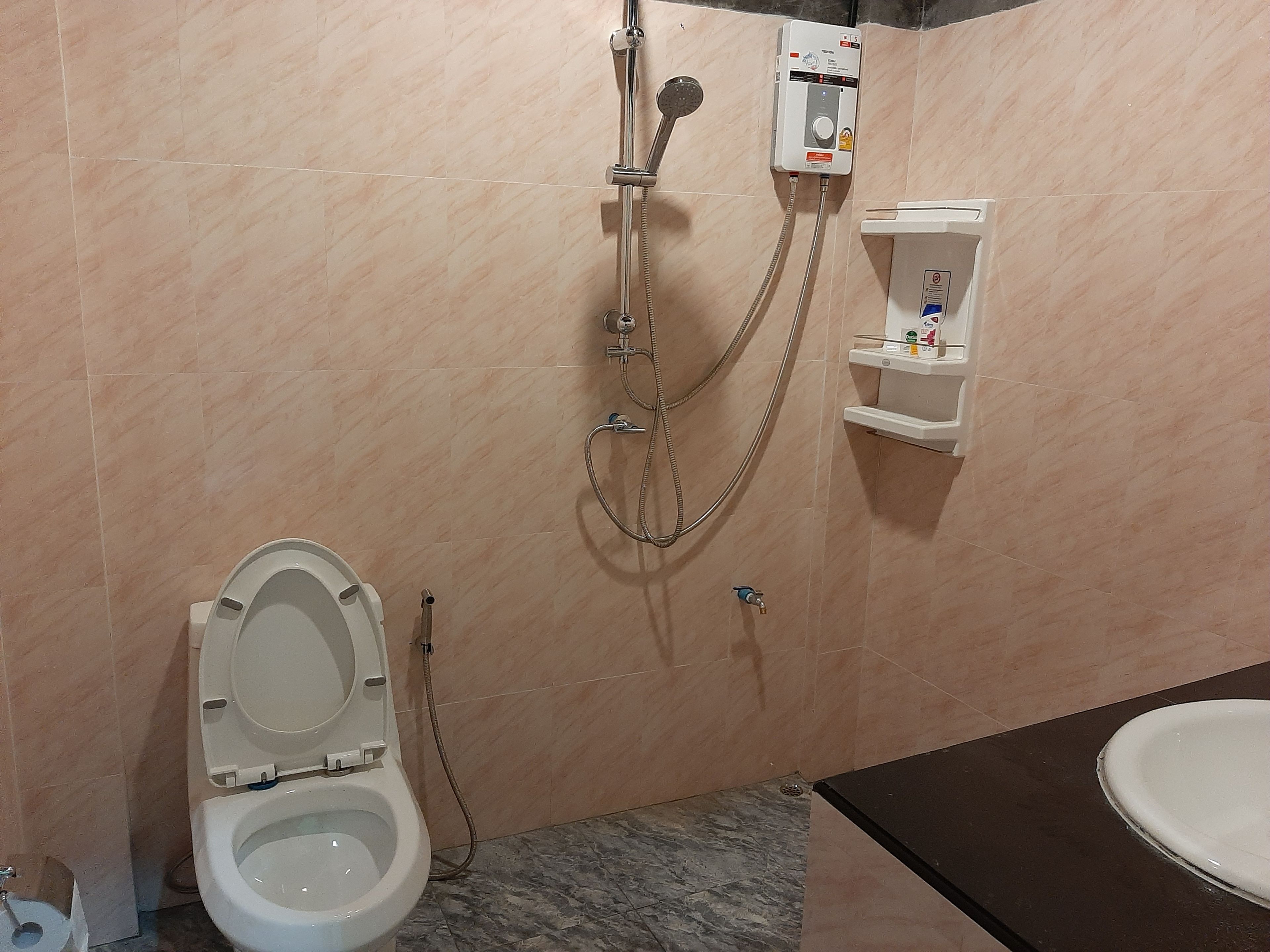 A bathroom with a toilet, a shower unit, and a sink.