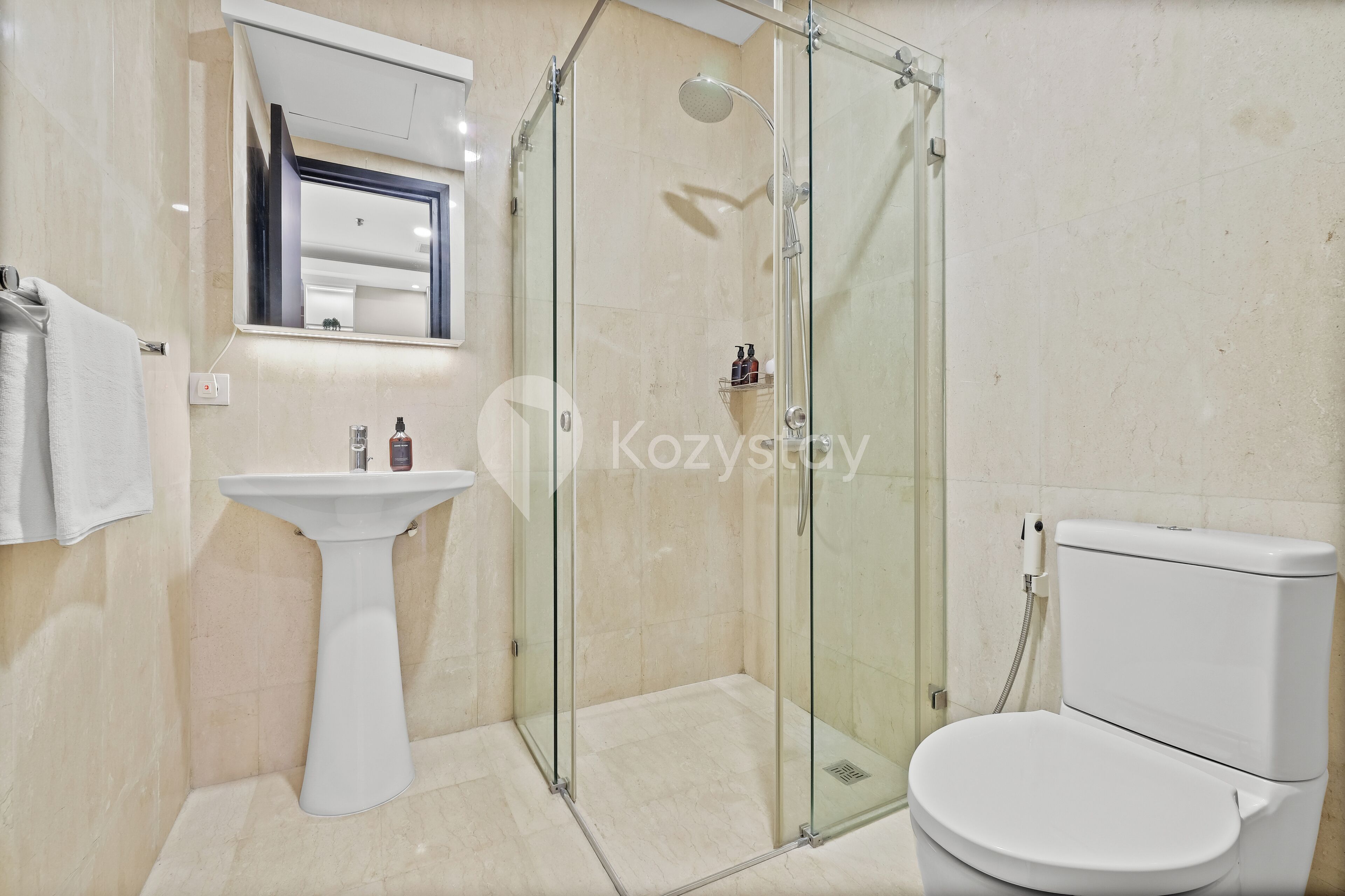 A bathroom with a glass-enclosed shower, a pedestal sink, and a toilet.