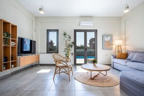 TV connectée, cheminée, livres