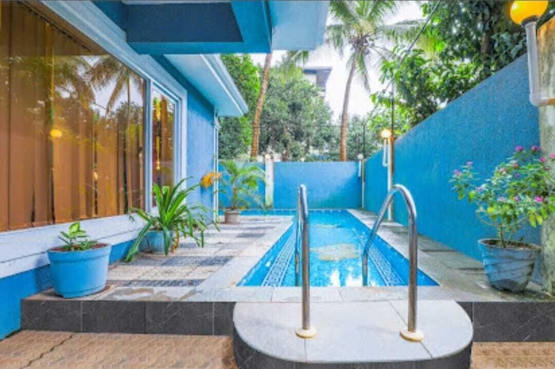 A swimming pool with a blue tiled deck, surrounded by potted plants and a blue wall.