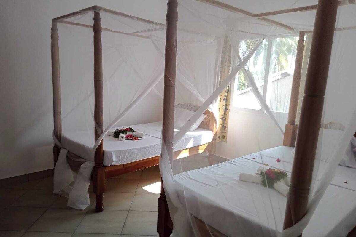 A room with two wooden beds, each with a canopy.