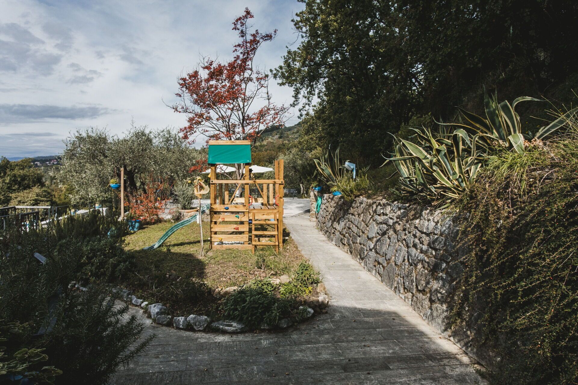 A wooden play structure with a green top, a concrete pathway, and surrounding vegetation.