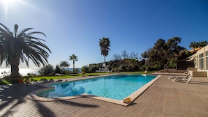 Une piscine rectangulaire bordée de carreaux, entourée de palmiers et de verdure, sous un ciel dégagé.