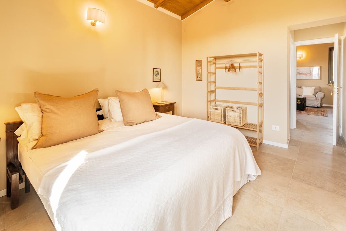 Um quarto espaçoso com uma cama grande, cabeceira de madeira e estante de madeira embutida.