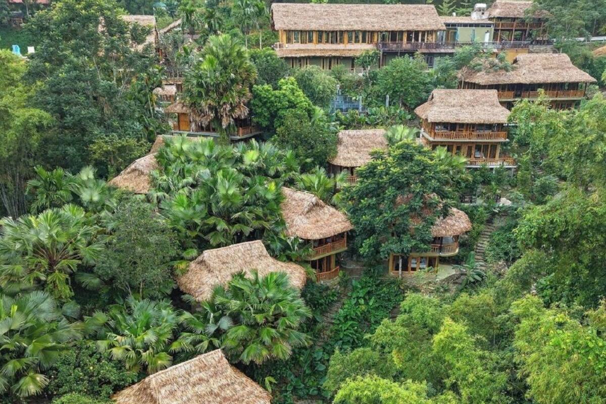 Un complejo turístico con varias construcciones de techo de paja rodeado de exuberante vegetación tropical.