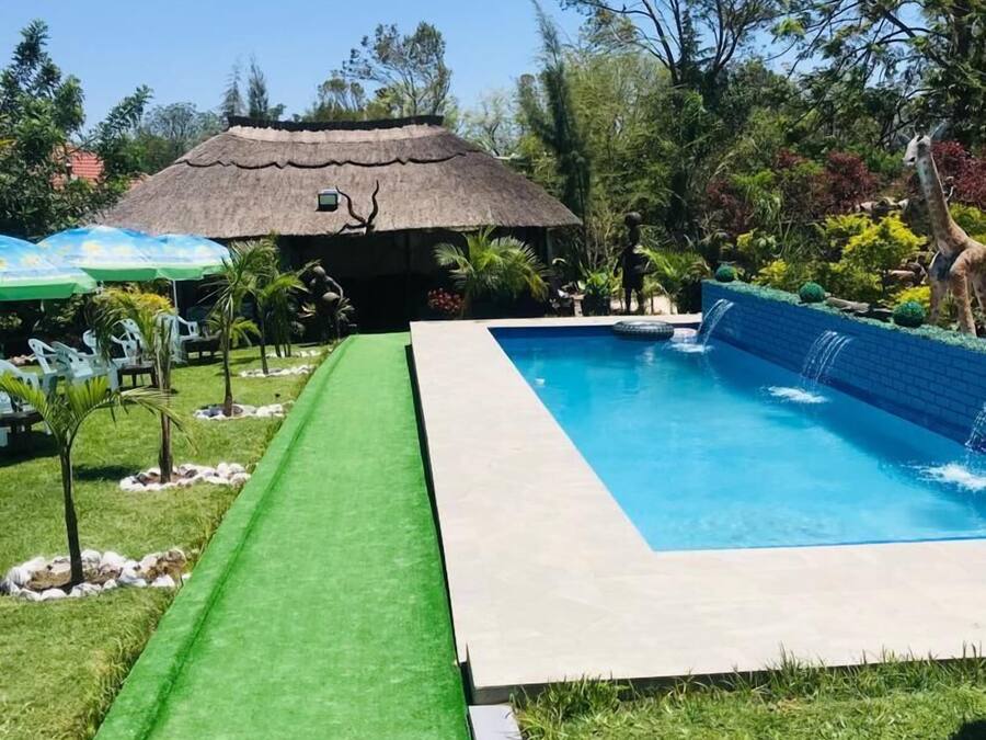 Piscine extérieure, parasols de plage, chaises longues