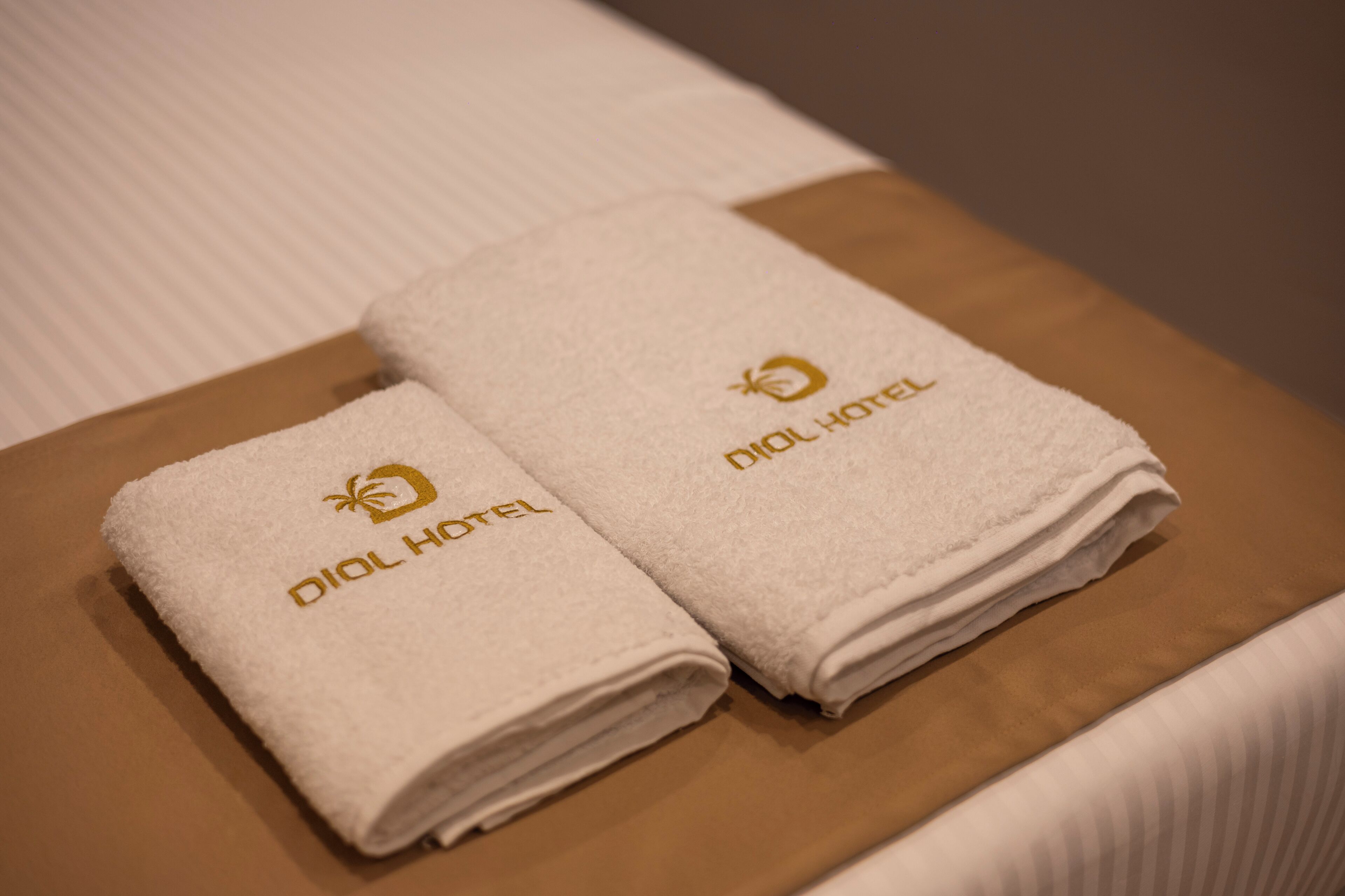 Dos toallas dobladas con el logotipo 'DIAL HOTEL' sobre una superficie de madera.