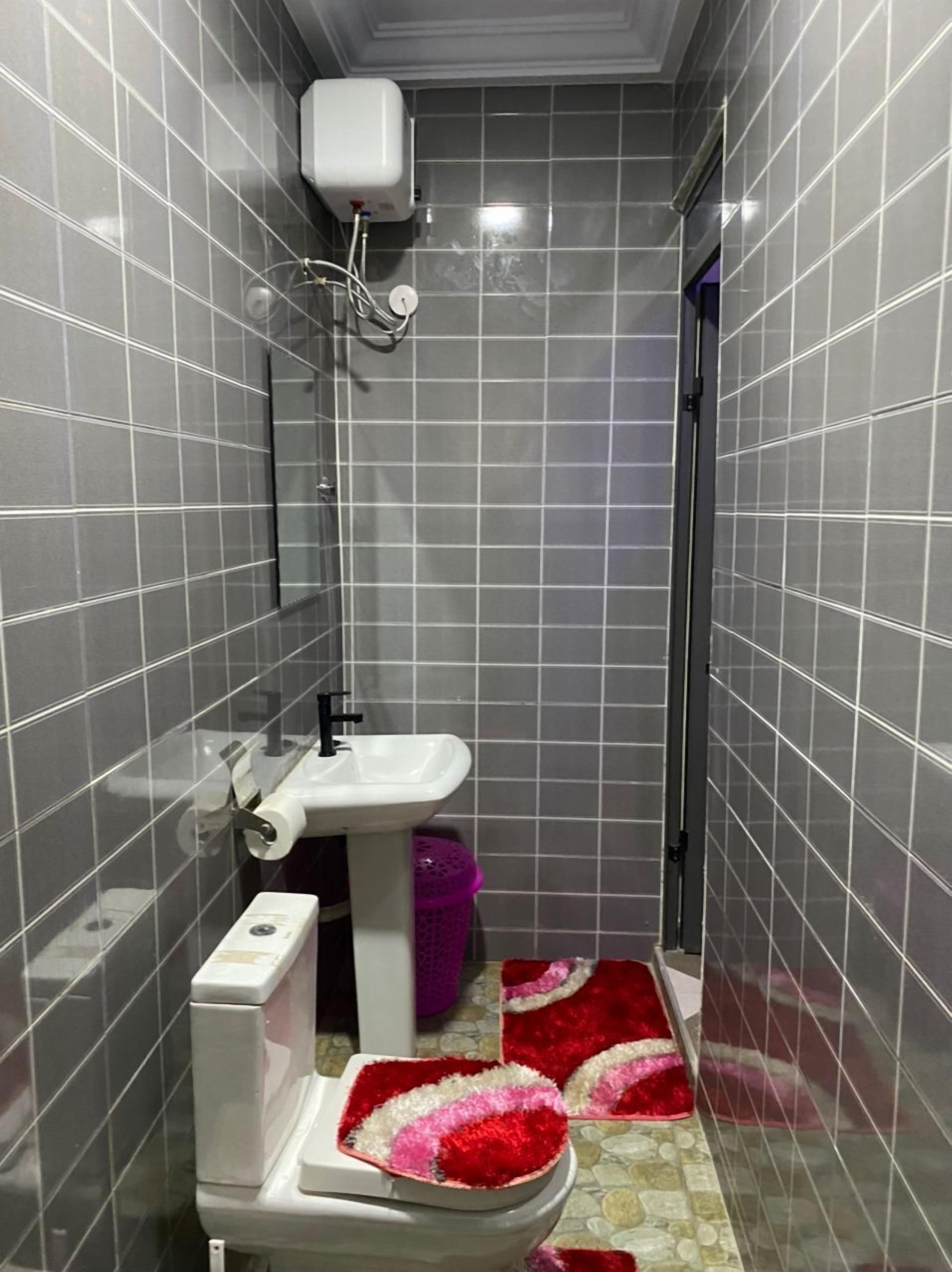Une petite salle de bain carrelée, équipée de toilettes, d’un lavabo et d’un chauffe-eau fixé au mur.